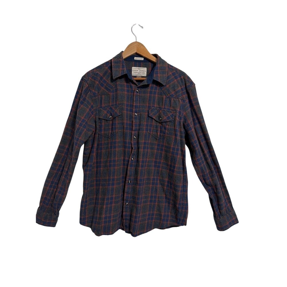 Cody‎ James Flannel Pearl Snap Shirt Mens M Navy Blue Plaid Western Cowboy Rodeo